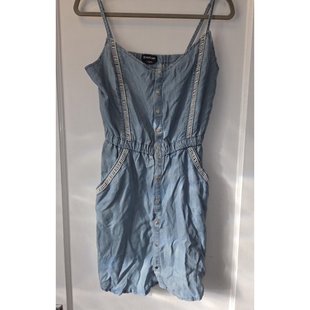 Bebe Women Blue Chambray Lyocell Sleeveless Button Front Dress Pockets S